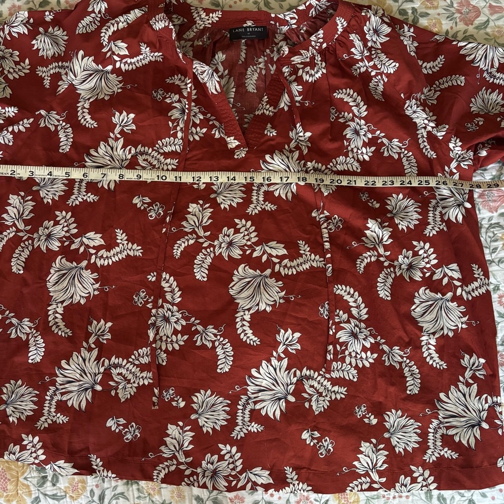 Lane Bryant Sz 22 Rust Floral Cotton Classic Raglan Elbow Sleeve Tie Neck Top - Picture 7 of 10